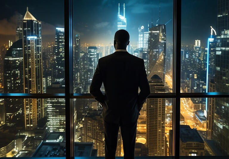 A man dressed in a suit observes the city through a window, representing the perspective of a fractional and virtual CIO.