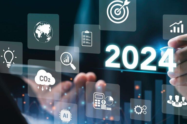 Floating icons depicting global and business concepts overlay a "2024" digital display.